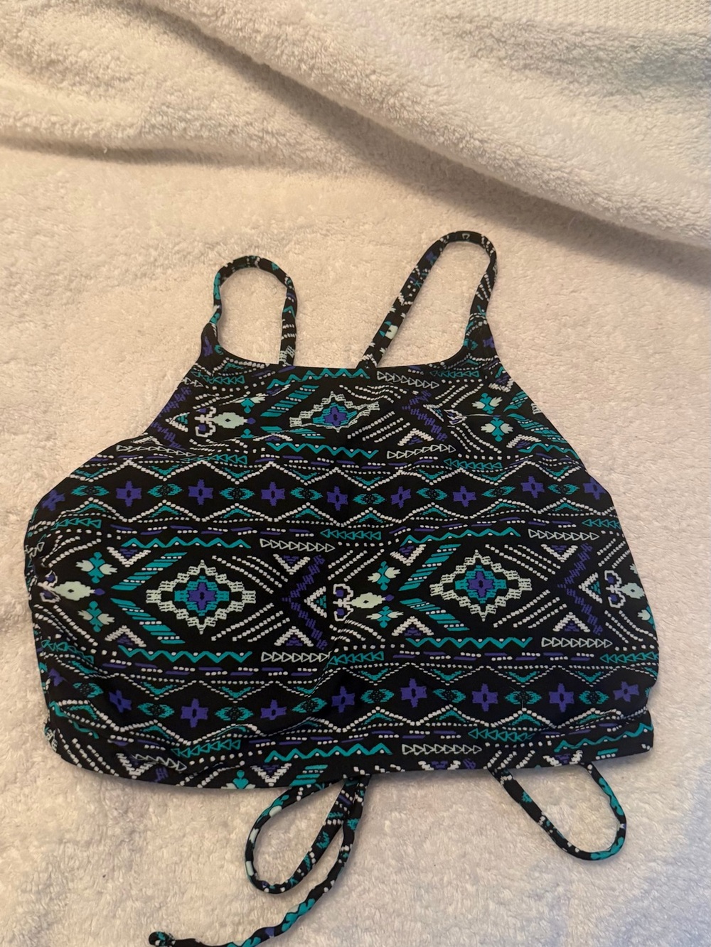 Small High Neck Aztec Print Swim Top - Black Teal Purple Hot water brand